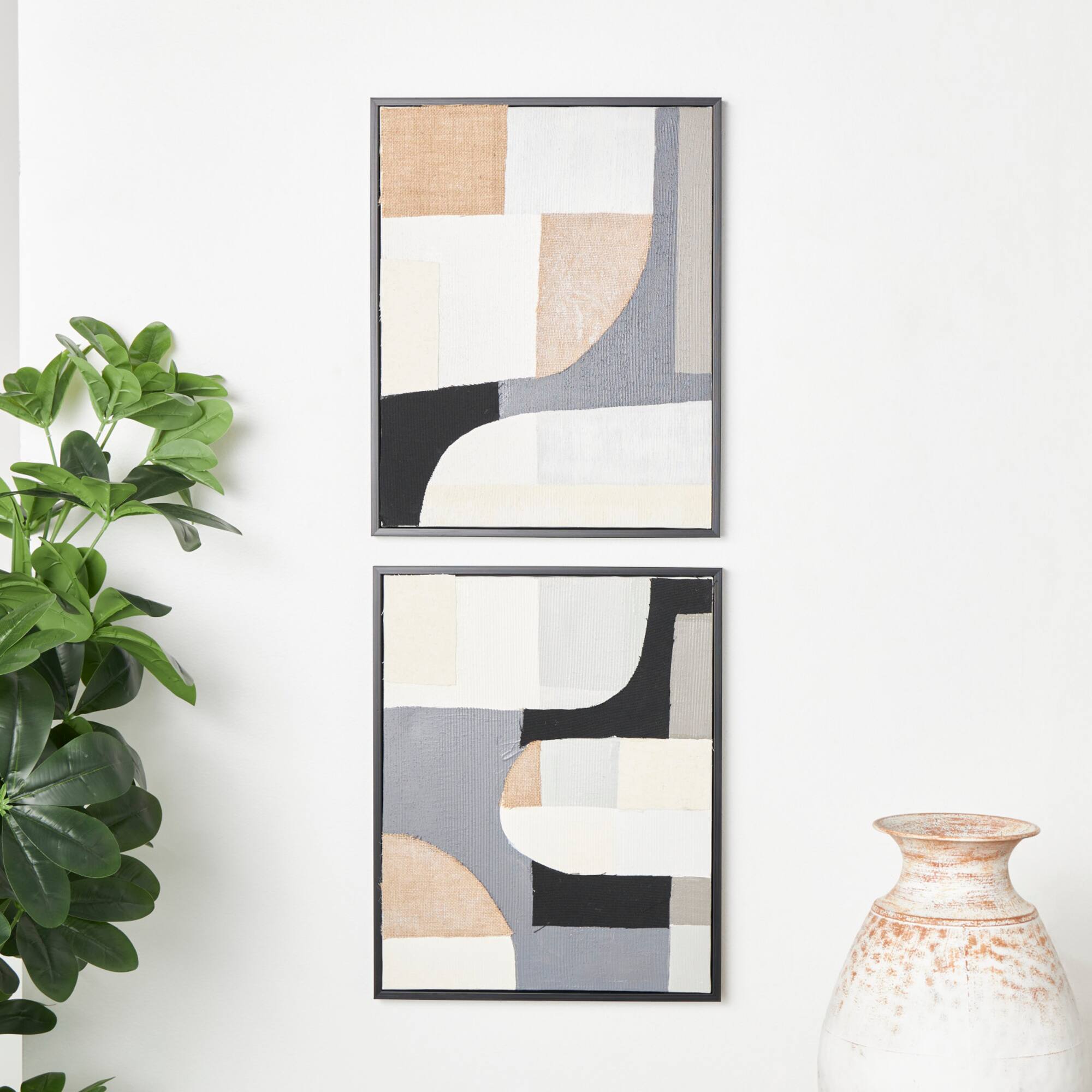 Wooden Geometric Mixed Media Home Wall Décor with Black Frames, Pack of 2